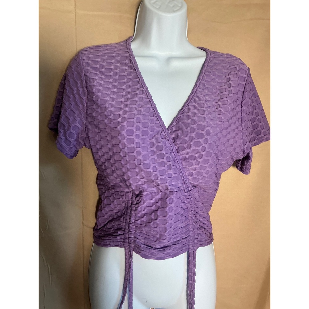 Special One Activewear Top Women XL Purple New Honeycomb Ruched Wrap V-Neck